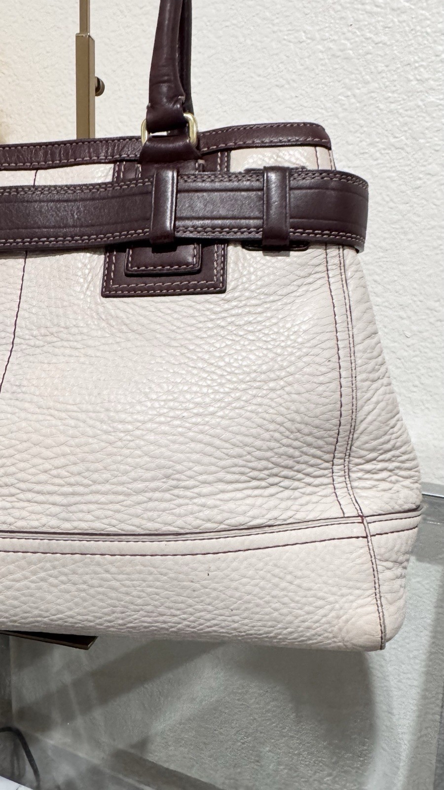 Coach Hampton Satchel Bag In Cream & Burgundy Pebbled Leather Style F06S-10213