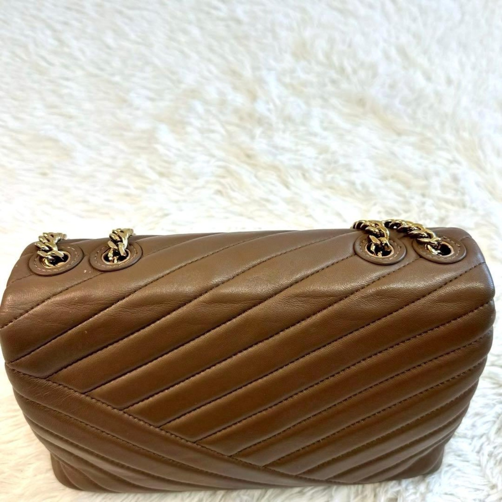 Tory Burch Kira Chevron Convertible Shoulder Bag Brown Leather Gold Chain EUC