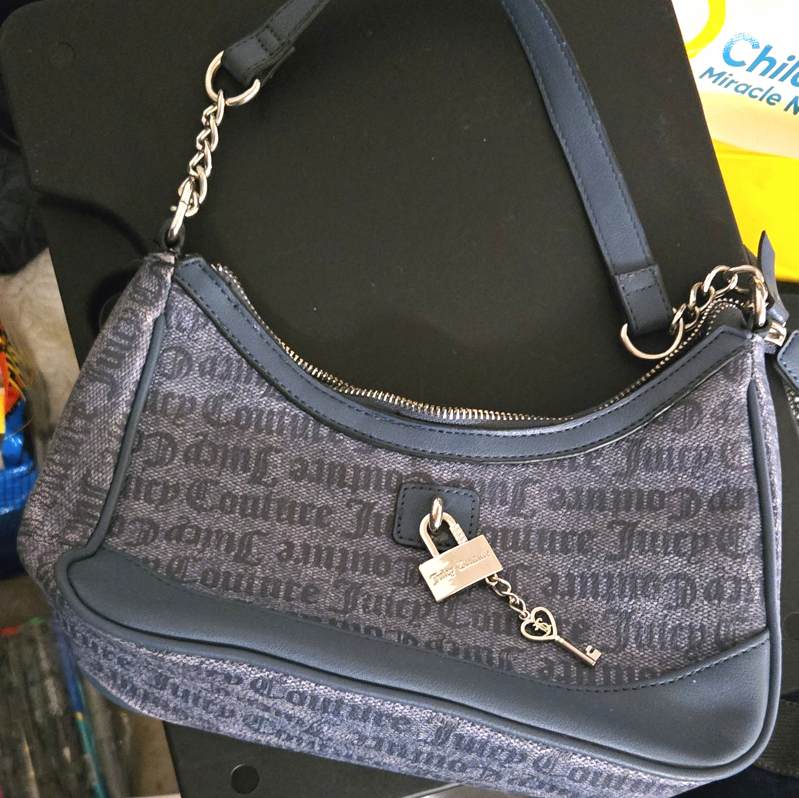 Juicy Couture Logo Shoulder Bag Zip Closure Blue/Gray Lock & Key Charm