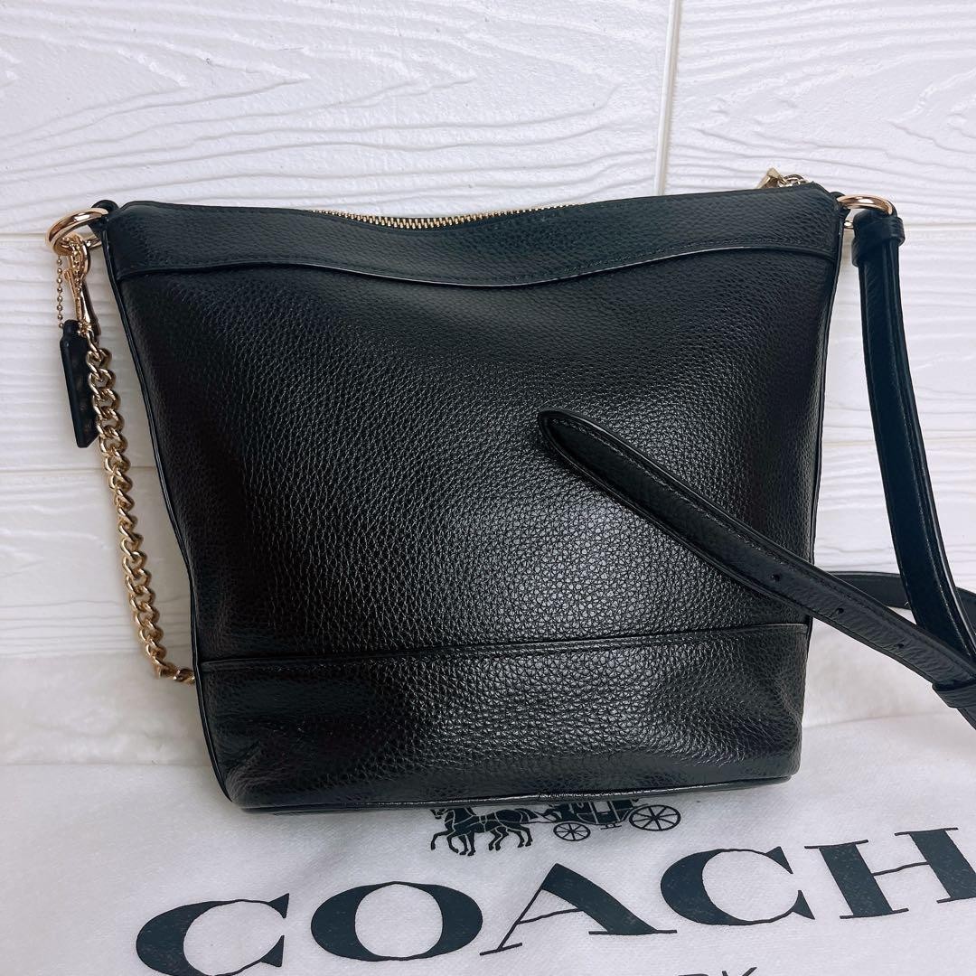 Authentic COACH Black Leather Chain Shoulder Bag 23cm x 21-29cm x 9cm Crossbody