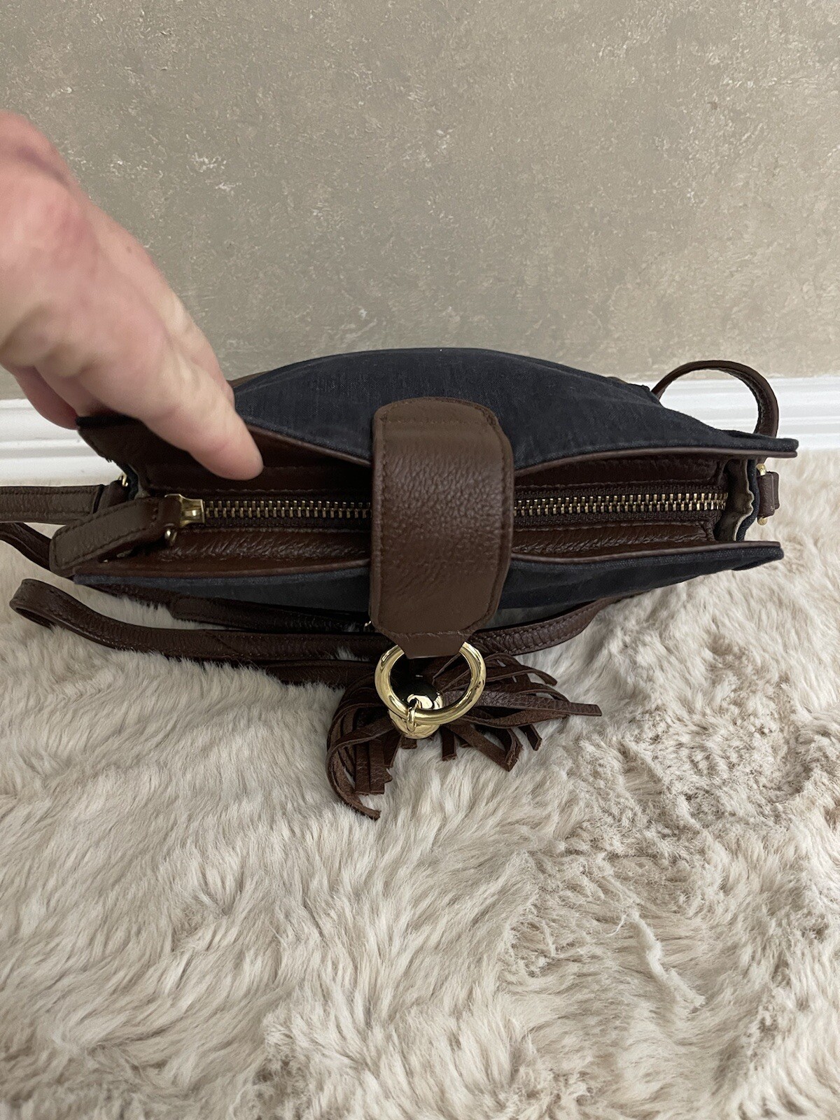 Talbots Small Cotton Blend Denim Purse With Leather Trim And Tassel