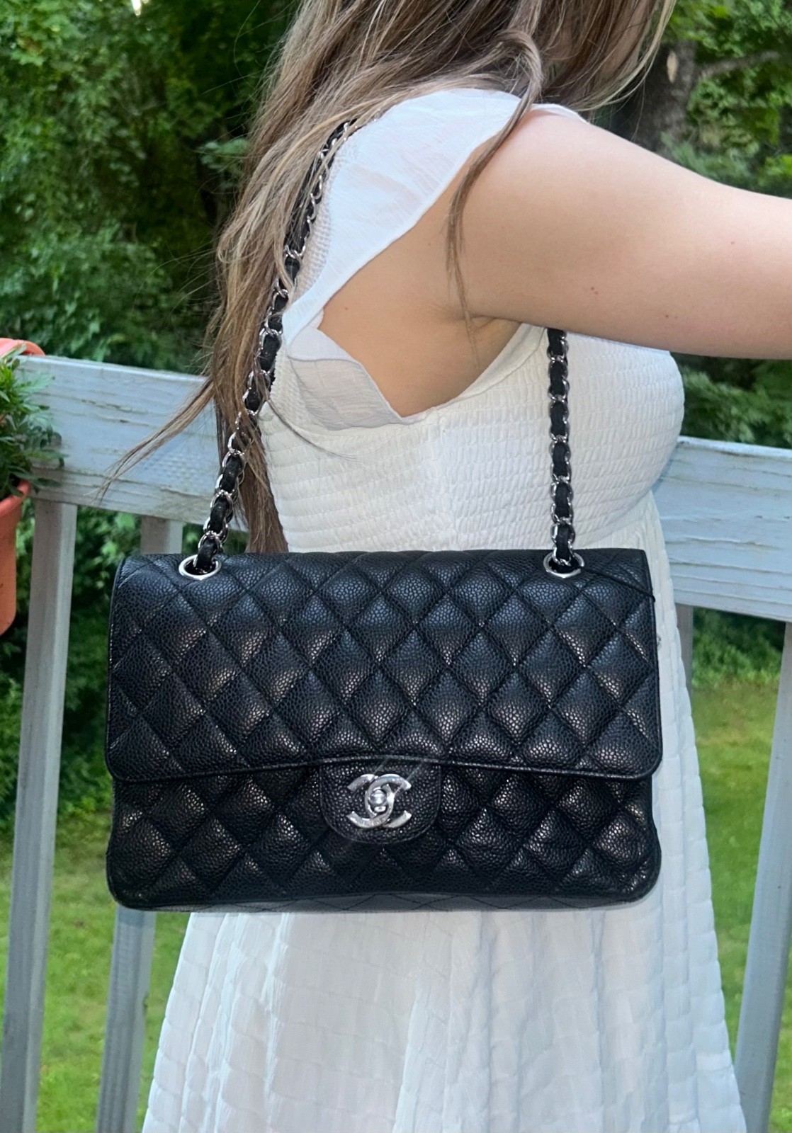CHANEL Medium Classic Double Flap Caviar Leather Quilted Handbag Black