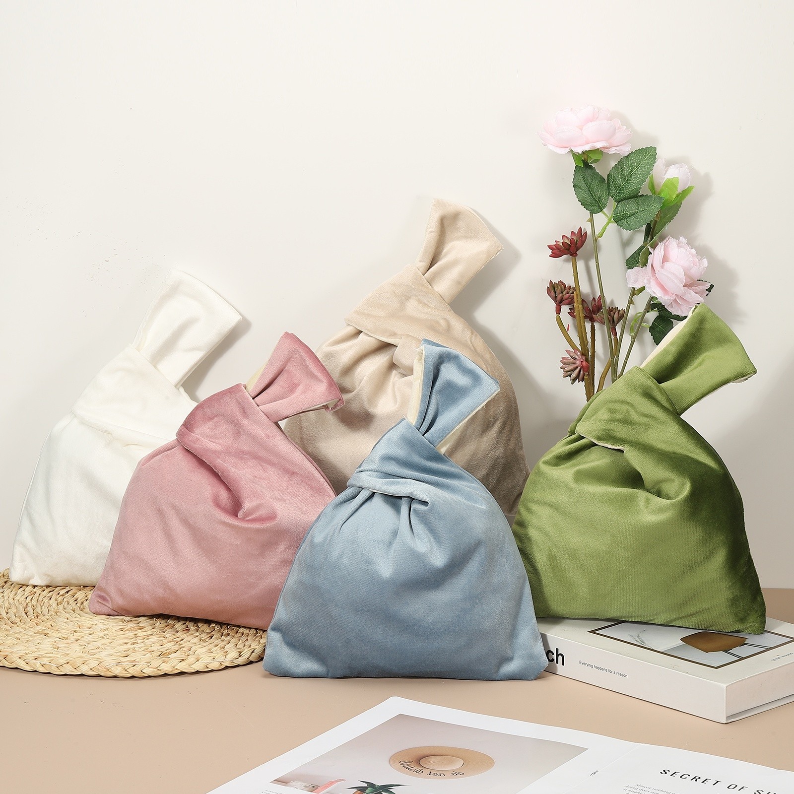 Velvet Wrist Bag Knot Pouch Women’s Portable Wrist Bag Purse Apricot