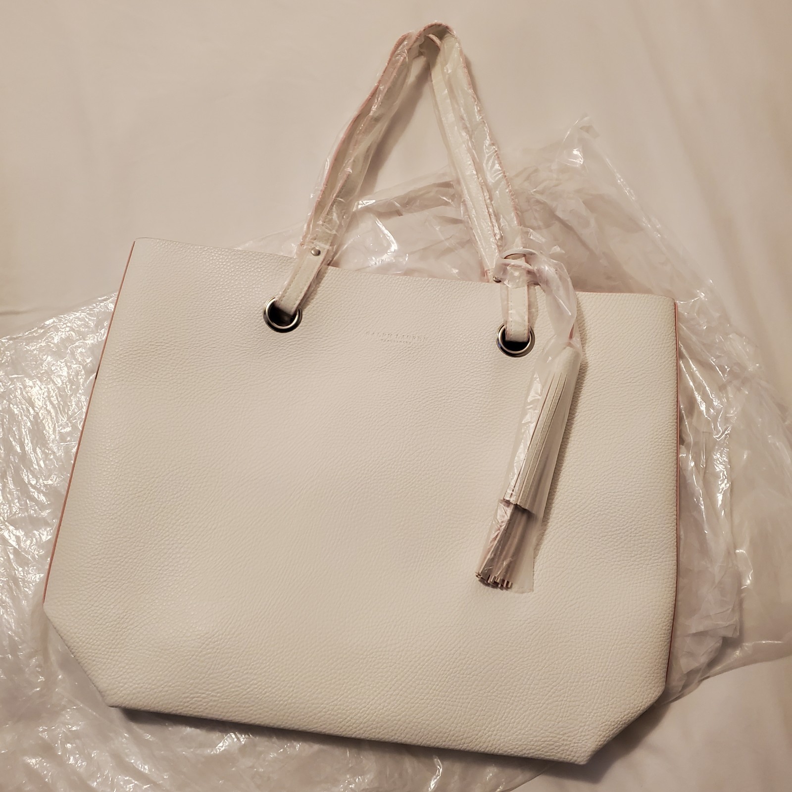 Ralph Lauren Large Tote Bag Winter White Pebbled Faux Leather Pink Lining Tassel