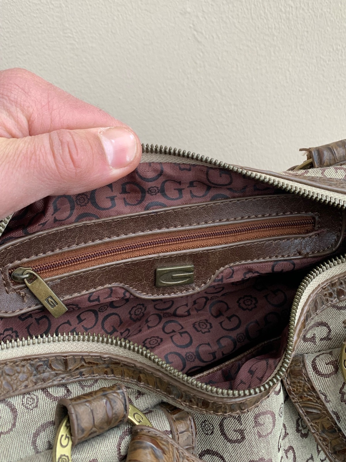 Vintage Guess Monogram Beige Faux Python Leather Denim Y2K Purse Handbag 2000s