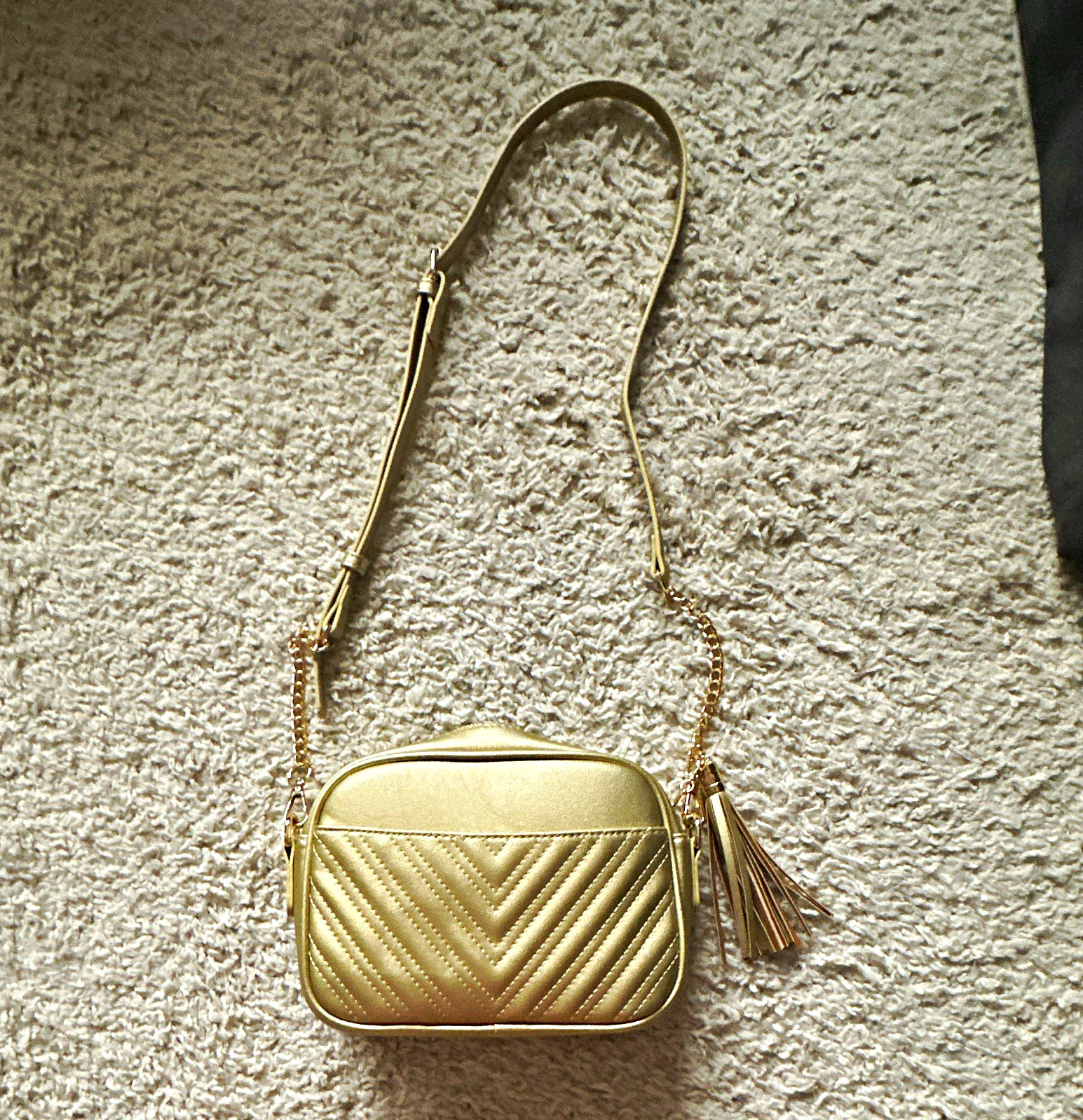 Women’s Gold Small Rectangle Crossbody Bag Zip Closure Tassel Adjustable Strap