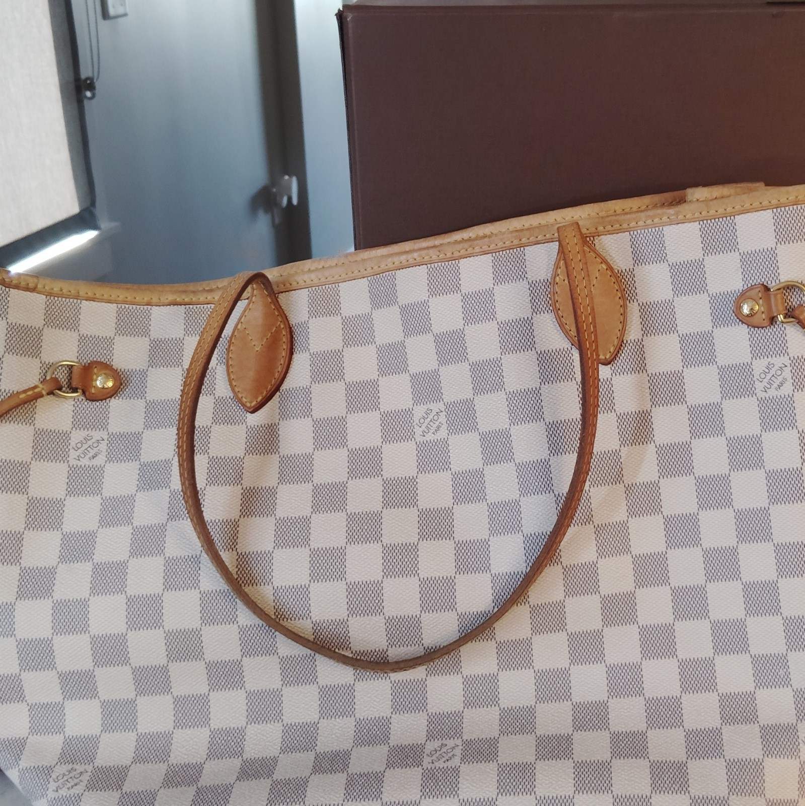 Louis Vuitton Damier Azur Checkered Tote Beige Brown Leather Trim Gold HW Box