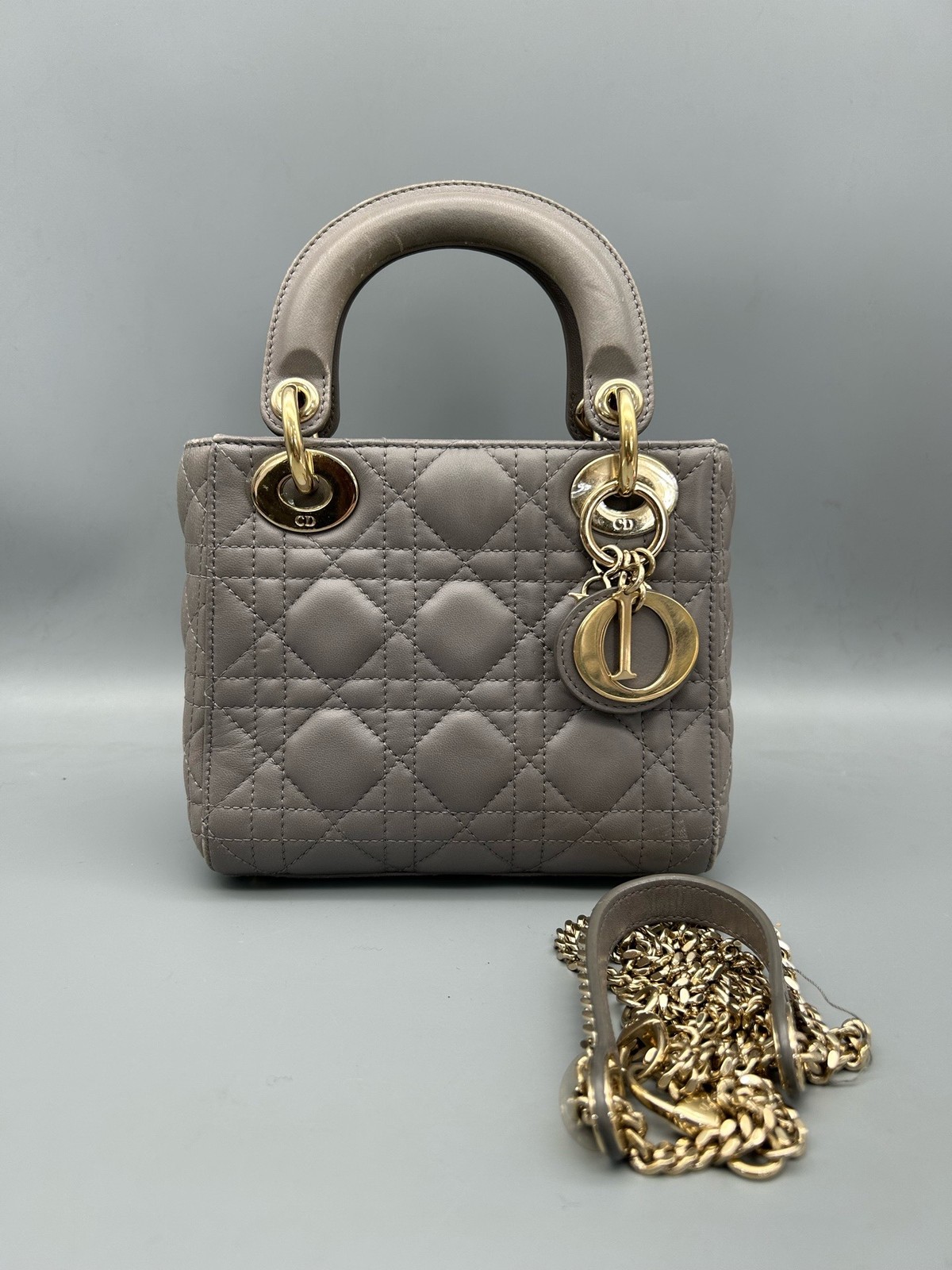 Authentic Dior Lady Dior Mini Gray Cannage Bag Gold Hardware