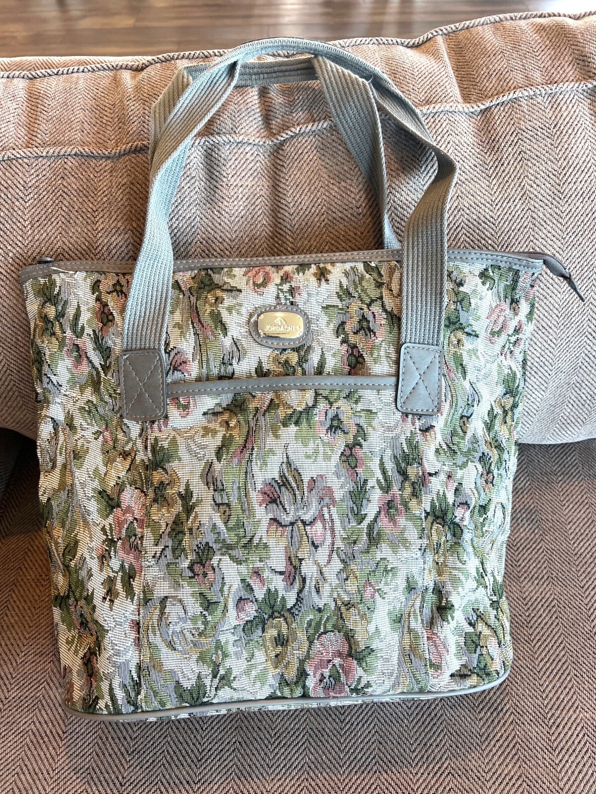 Jordache Vintage Floral Tapestry Tote Bag With Dual Handles Green, Pink, Yellow