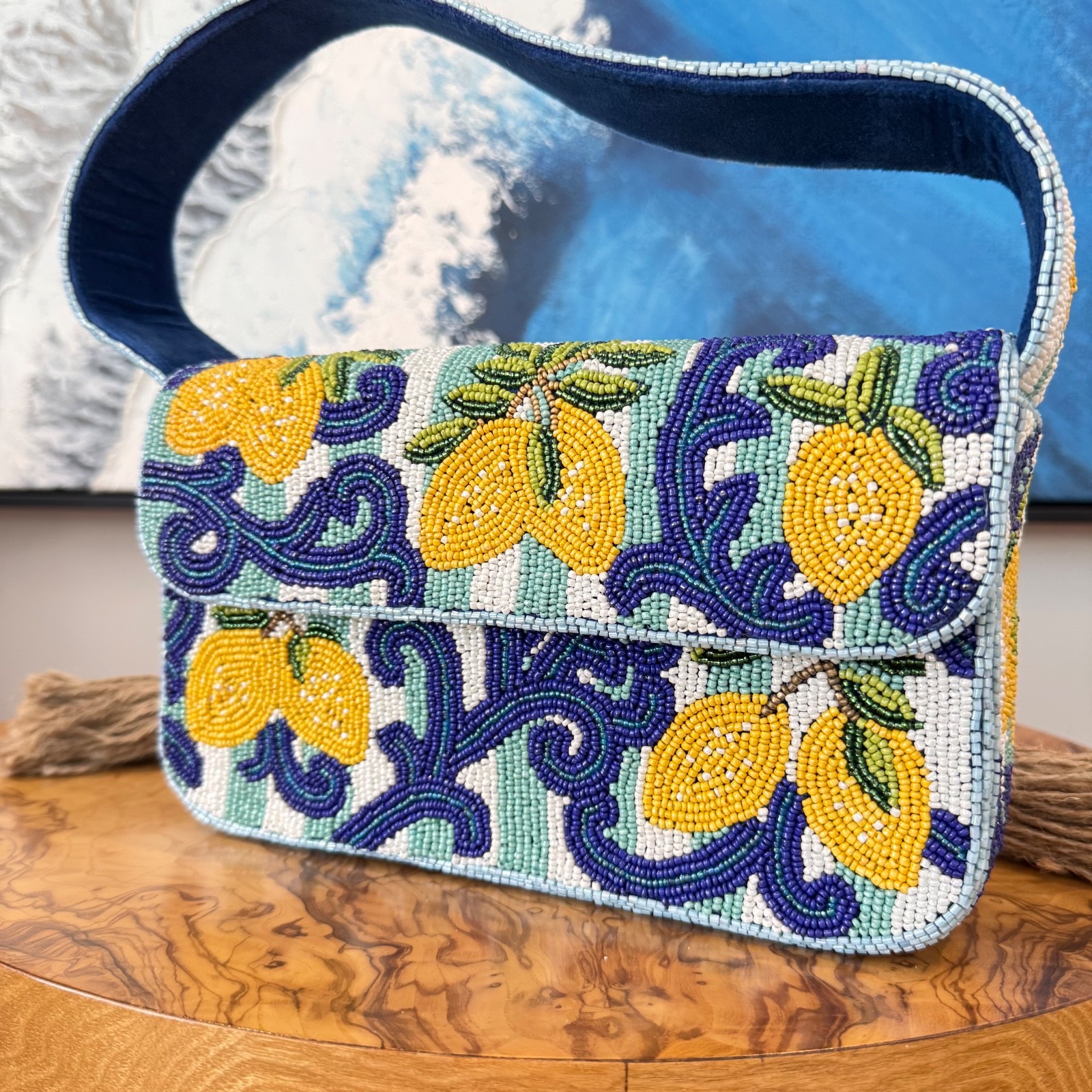 Hand Beaded Lemon Purse – Tropical Shoulder Bag – Colorful Fruit Design – Summer
