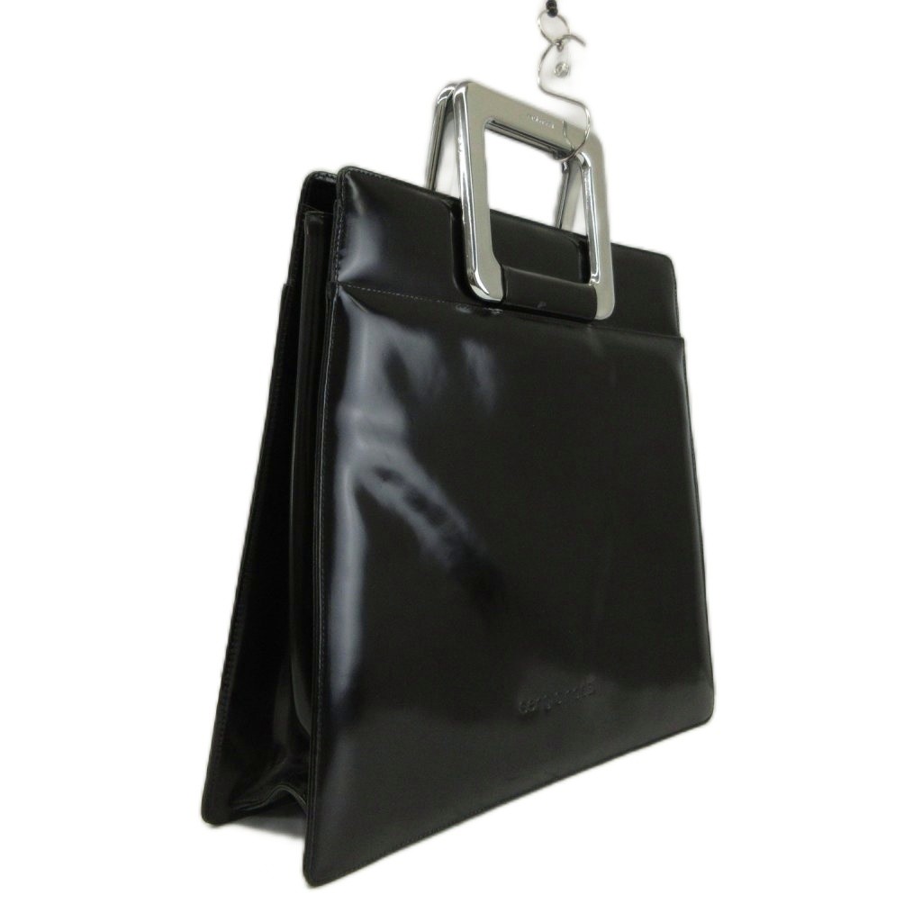 Sergio Rossi Handbag Black Enamel Square Silver Handle Embossed Used
