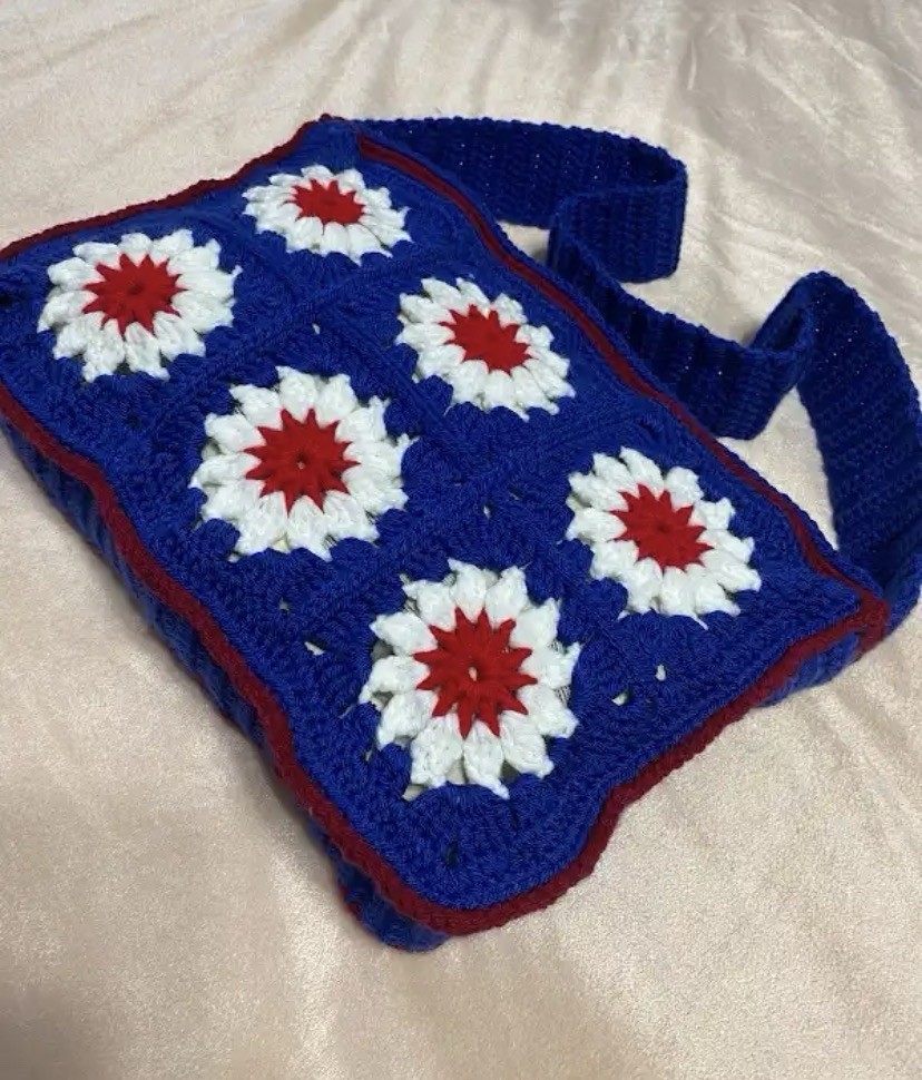Handmade Women’s Crochet Floral Granny Square Shoulder Bag Blue/White/Red