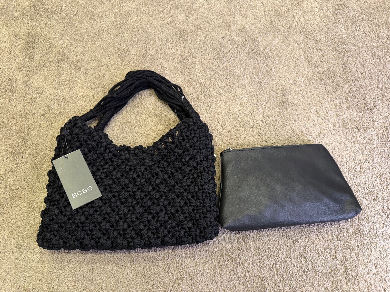 NWT BCBG Woven Shoulder Bag Black Removable Pouch 2-in-1 Knit Designer Handbag