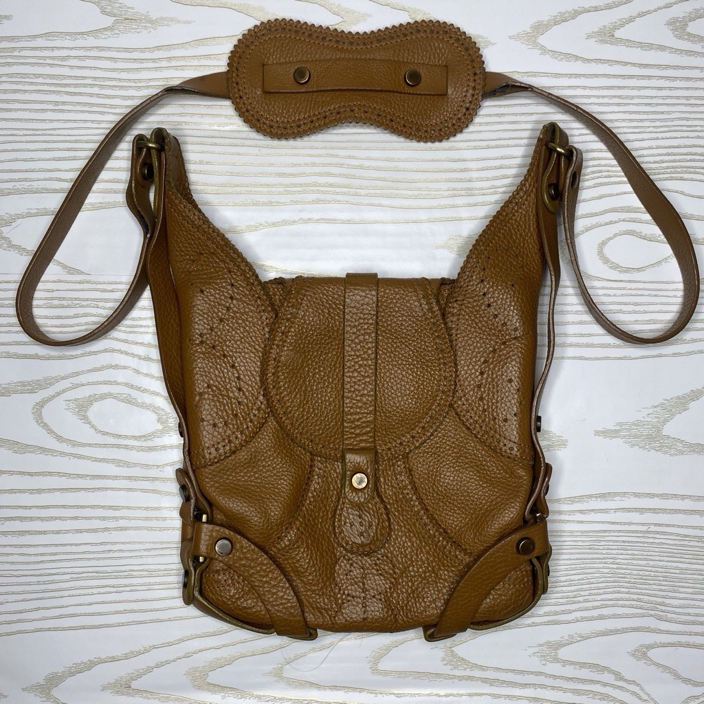 Vtg Gaetano Navarra Italian Leather Boho Hobo Shoulder Bag Perforated Harness