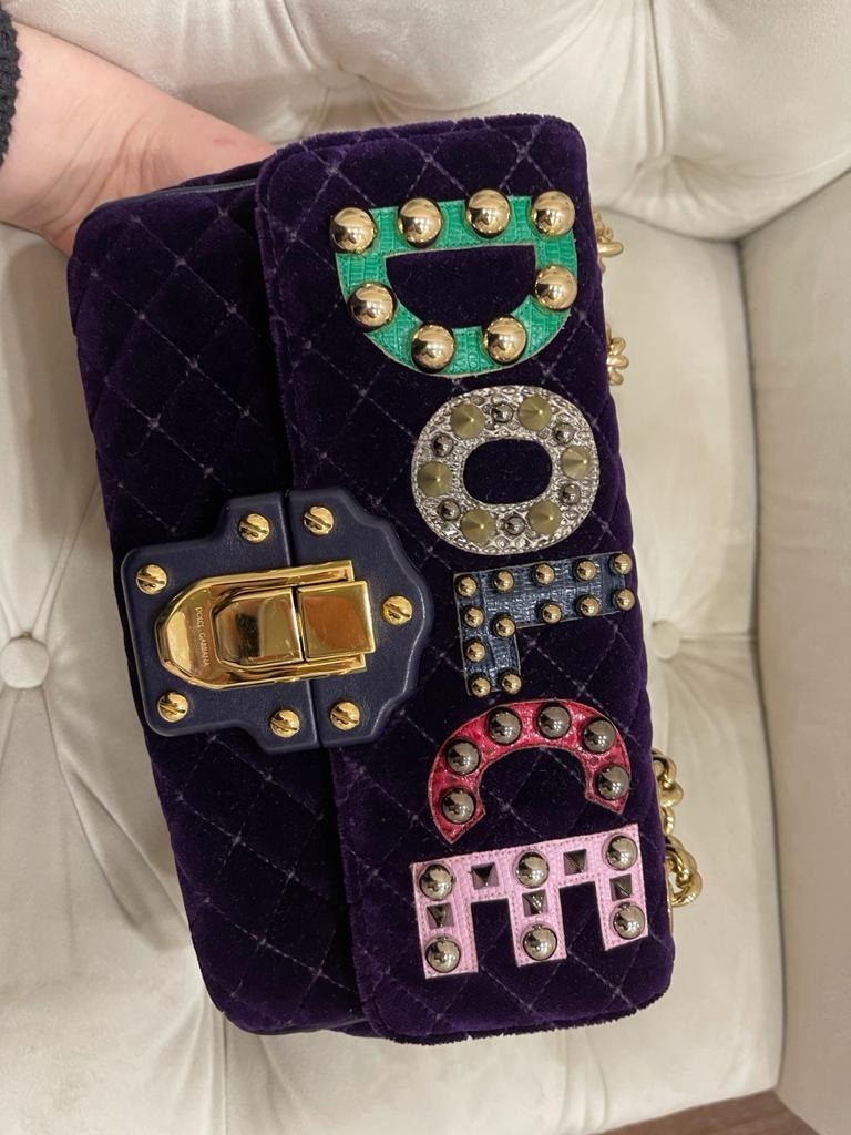 Dolce & Gabbana Purple Quilted Logo Studded Small Shoulder Bag Chain Gold HW