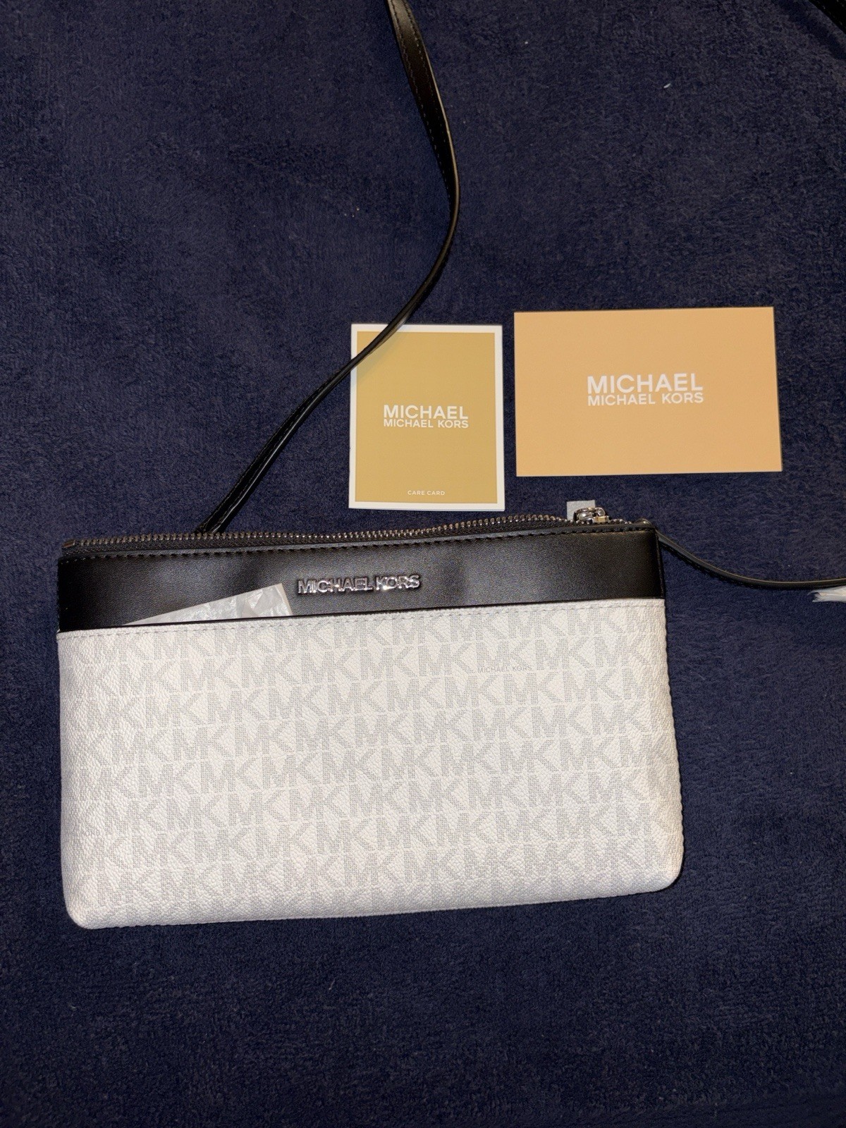 Michael Kors MK Monogram Small Zip Crossbody, Detachable Strap, White/Gray