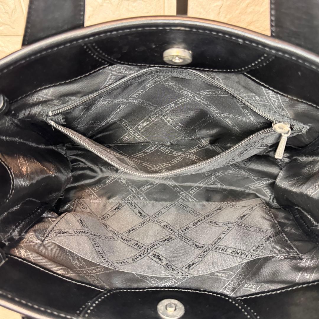LONGCHAMP Black Leather Handbag Silver Button Logo Embossed Authentic