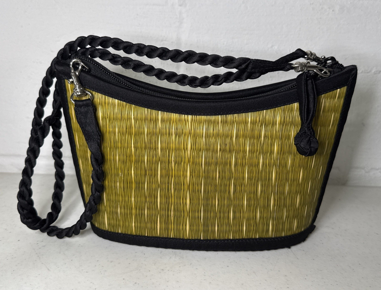 Baskets of Cambodia Woven Grass Straw Shoulder Bag Tan Green Black Handbag