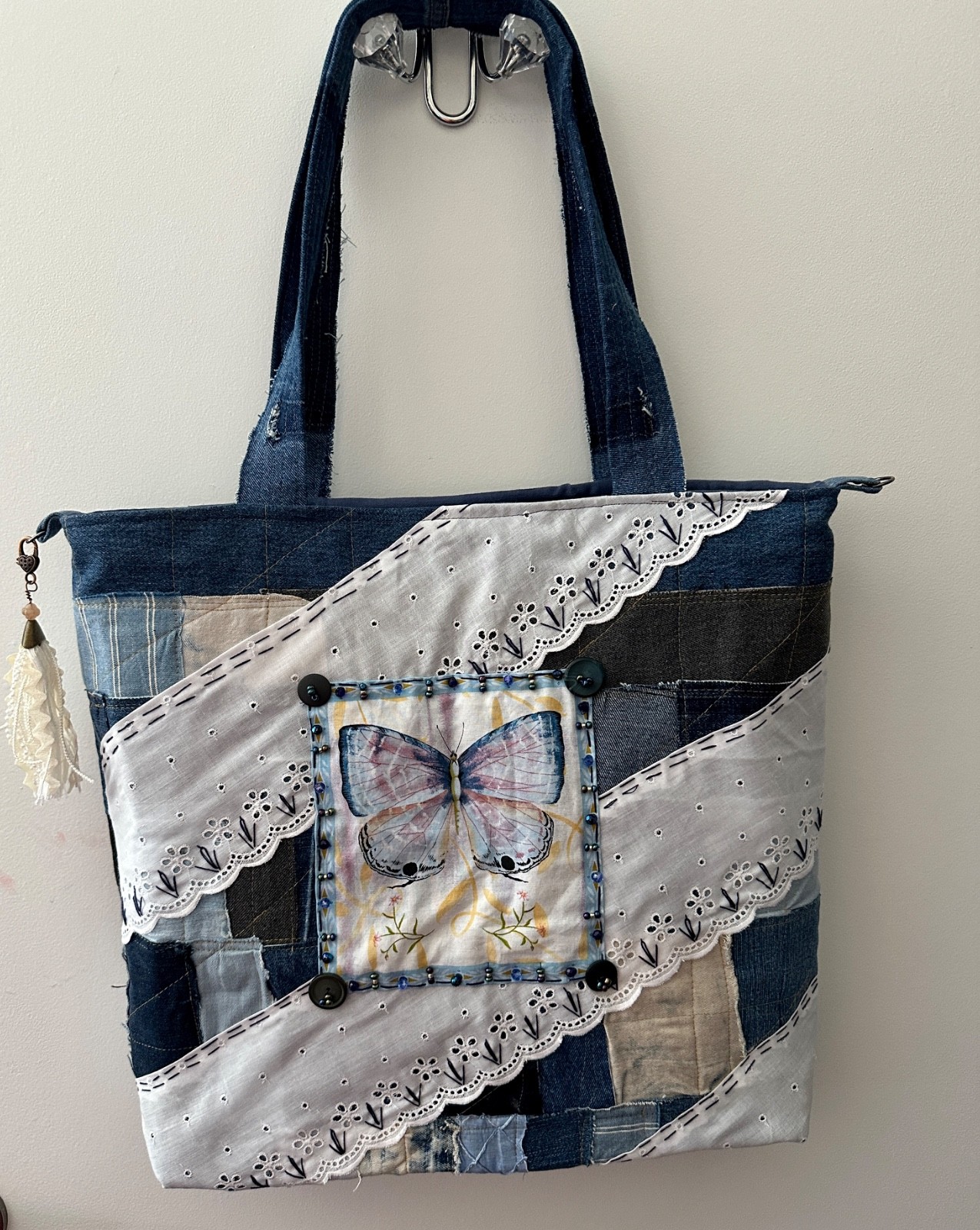 HANDMADE XL recycled denim TOTE BAG, patchwork, BUTTERFLY, LACE, beads, tassel