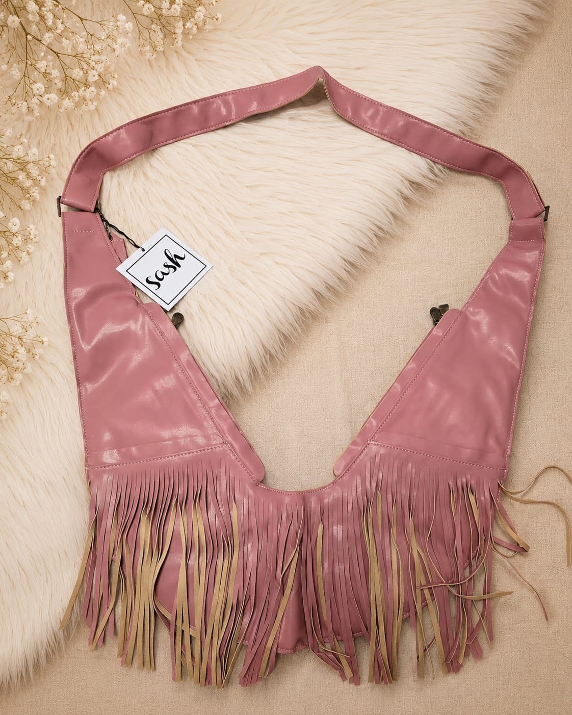 Limited SASH Faux Leather Crossbody Bag with Fringe- Mountain Rose