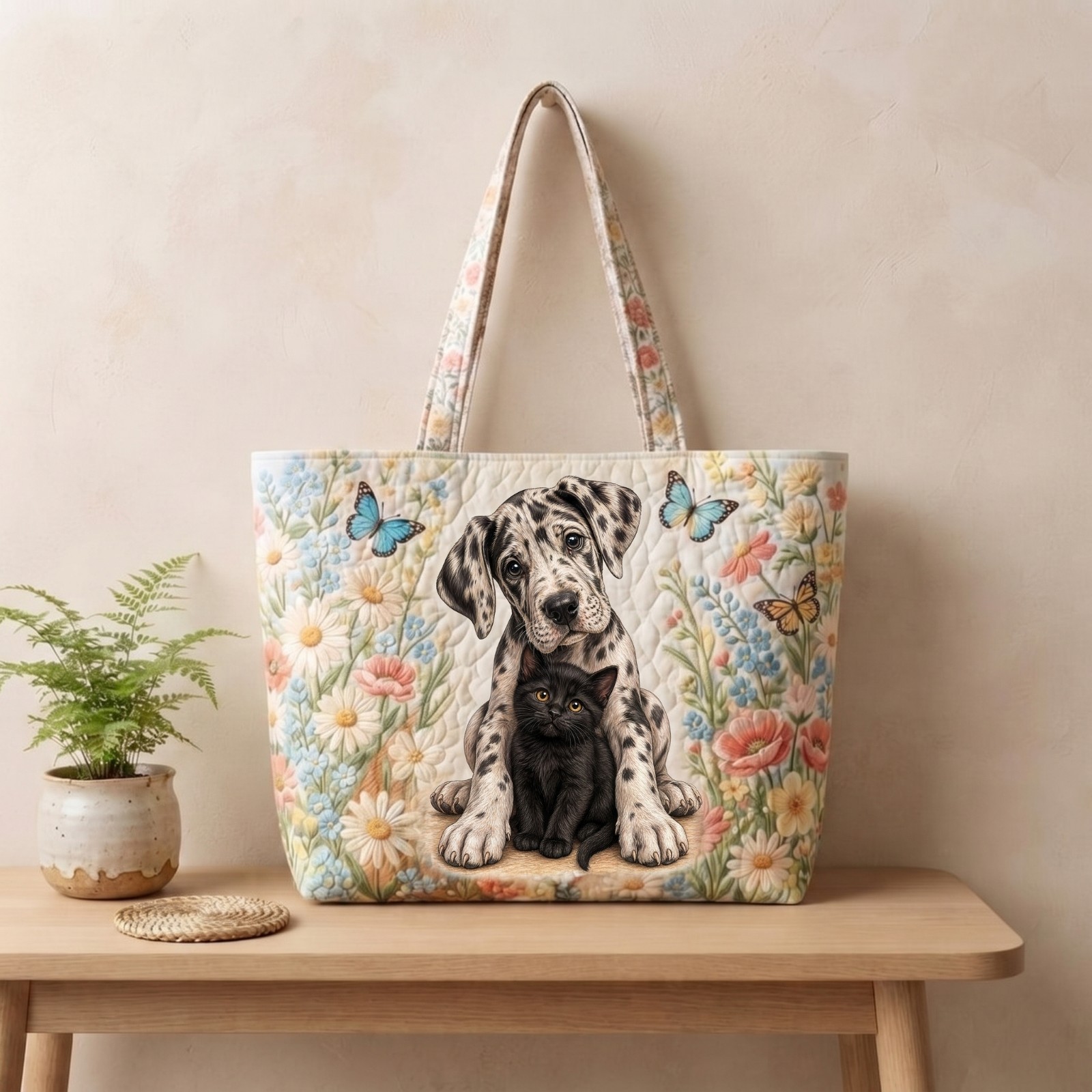 Dalmatian Puppy and Black Cat Quilted Tote Bag Butterfly Garden Shoulder Purse