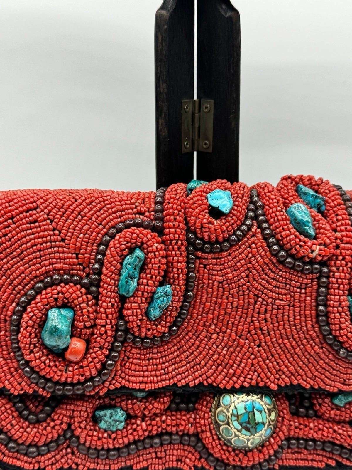 HANDBEADED CORAL AND TURQUOISE SHOULDER BAG MADE BY TIBETAN REFUGEES