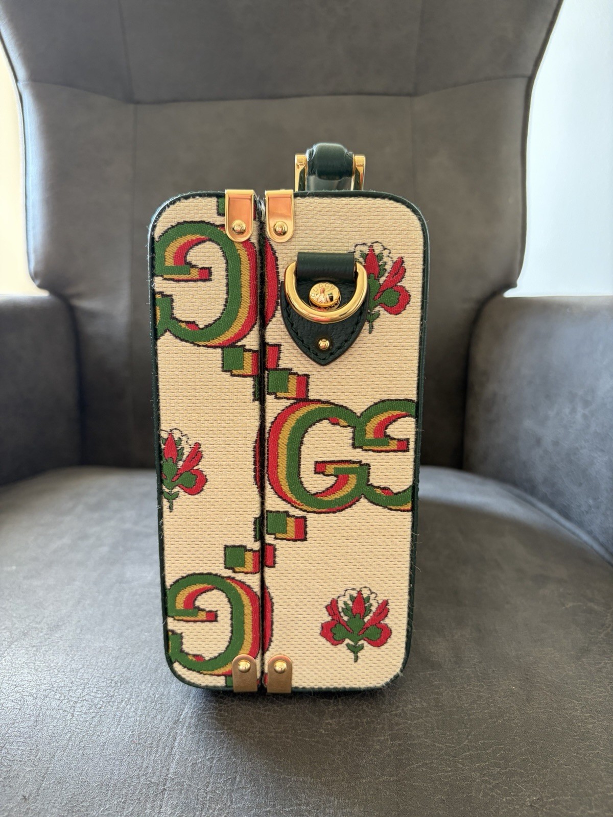 Gucci Floral GG Beige Top Handle Bag Green Leather Trim Gold HW Strap Dust Bag
