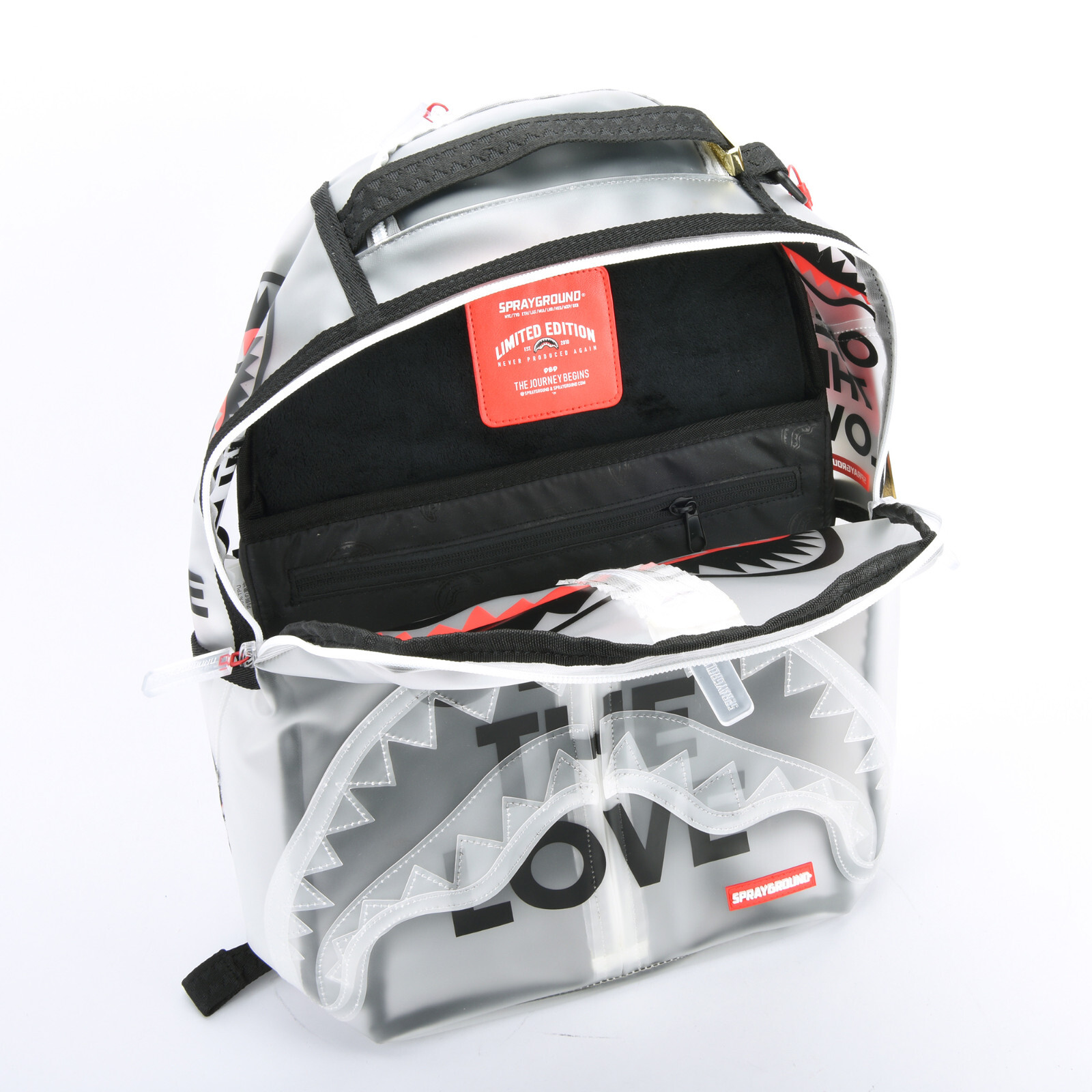 Sprayground Shark OPEN THE LOVE Vinyl Backpack w/Bill Tag (Transparent Clear)