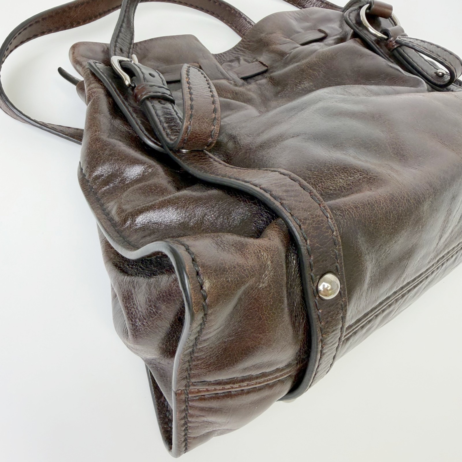 MIU MIU Vitello Lux Gathered Brown Leather Shoulder Handbag Vintage