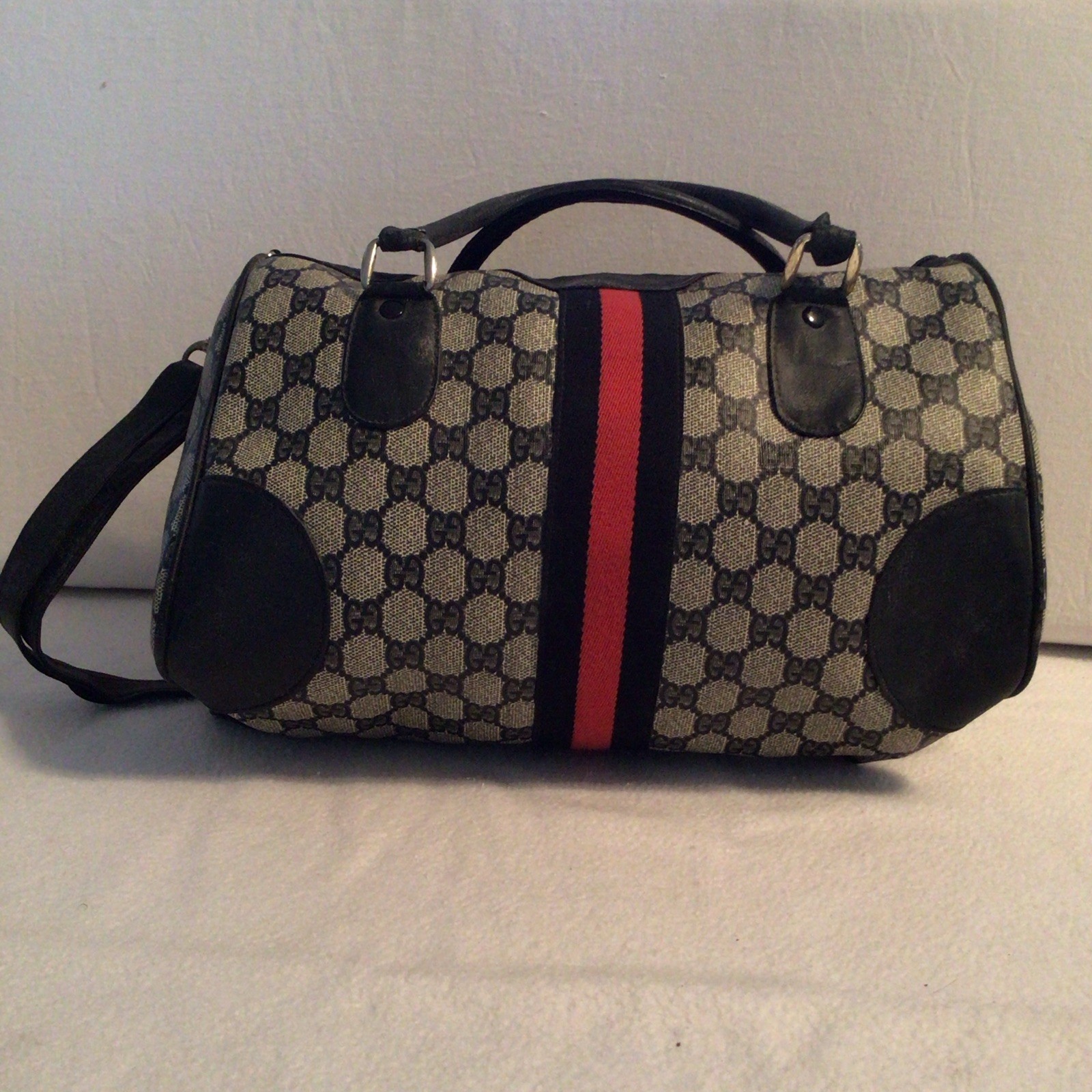 Gucci GG Web Stripe Satchel Top Handle Bag Beige/Black/Red Zip Strap