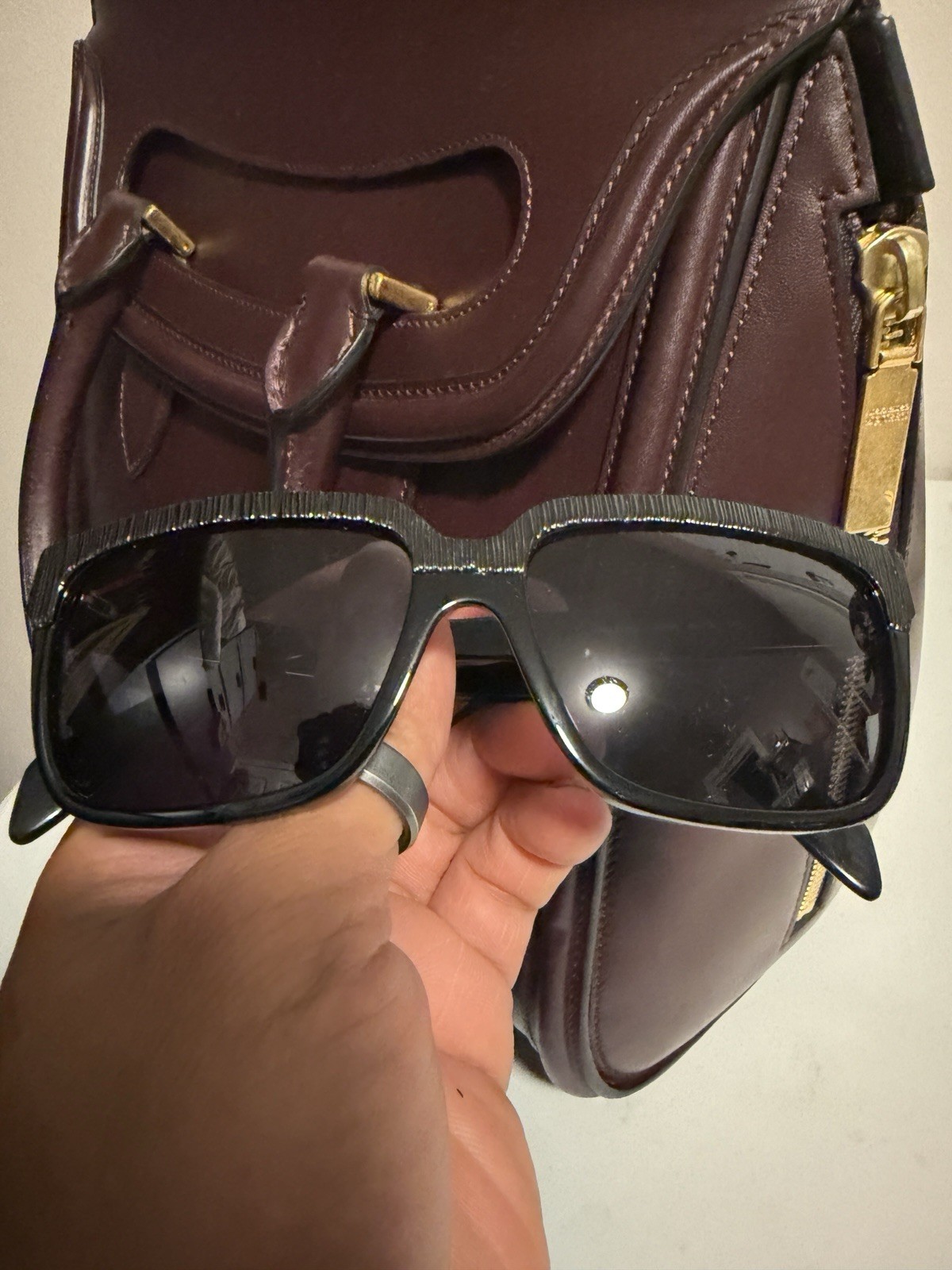 SLIGHTLY USED Alexander McQueen Dark Burgundy Leather Heroine Satchel & Glasses