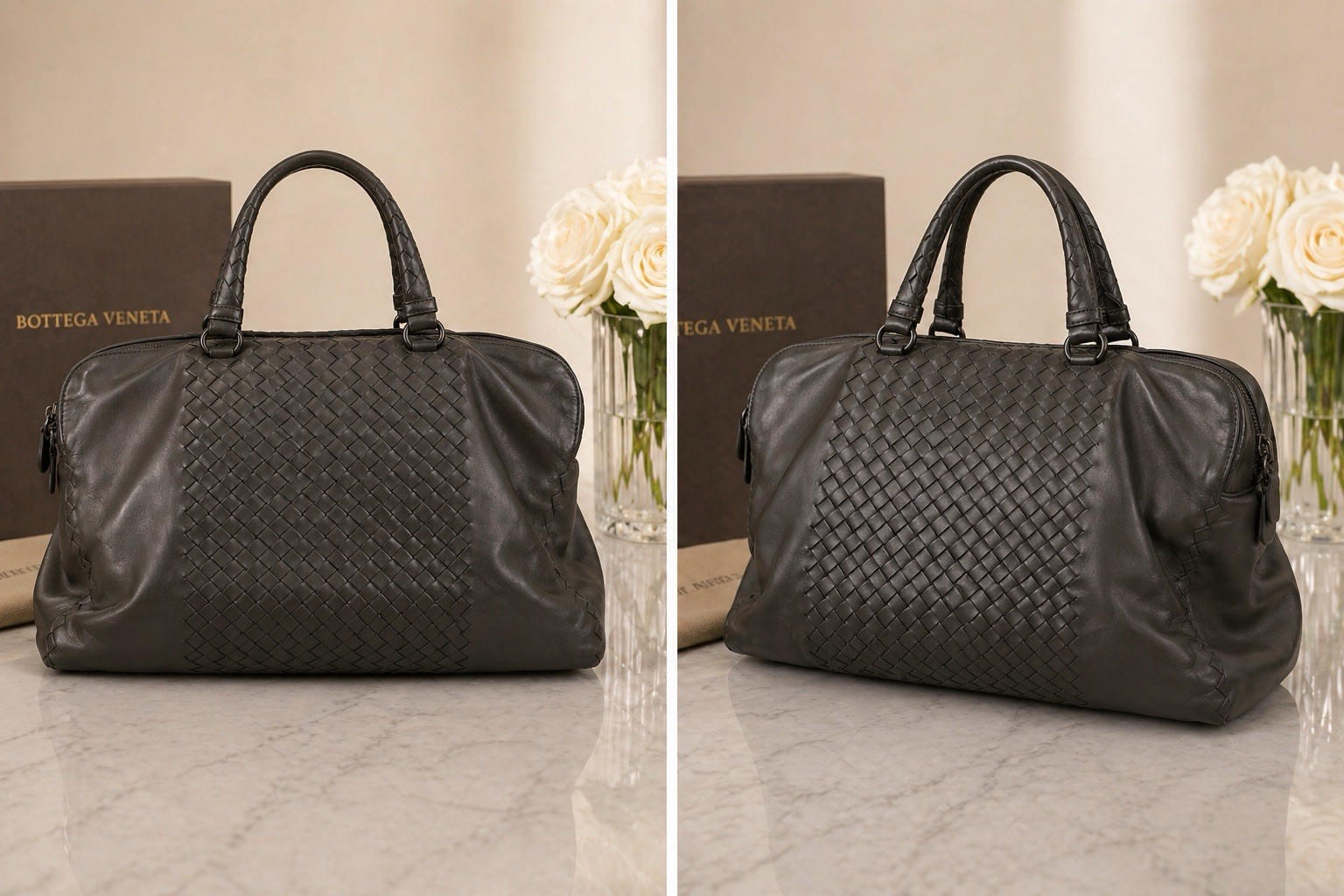 Authentic Bottega Veneta Intrecciato Gray Woven Leather Satchel Italy