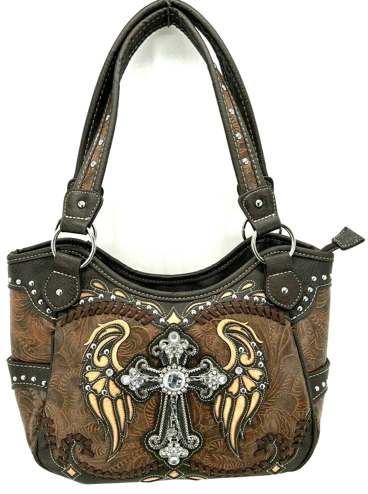 CROSS & WINGS RHINESTONE STUDDED TOTE BAG CONCEALED PURSE SHOULDER HANDBAG