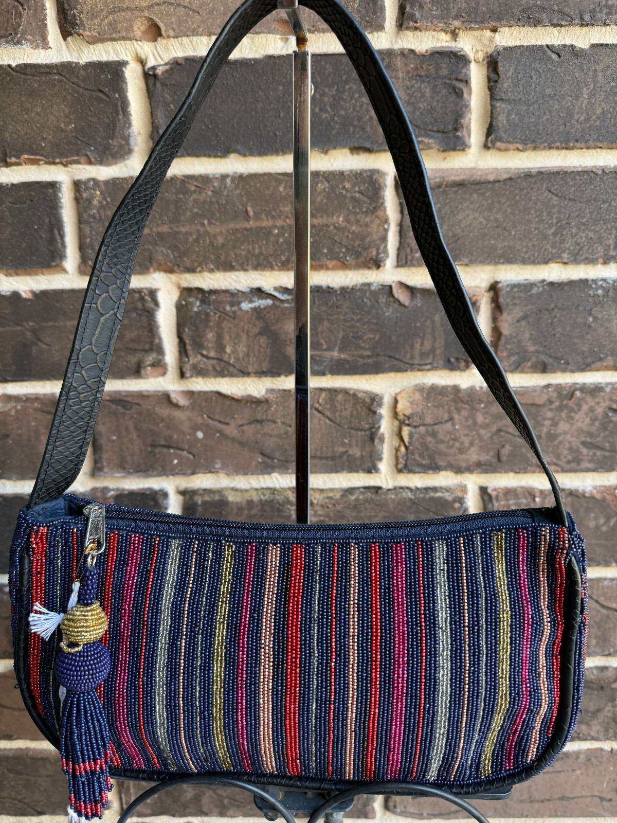 $128 NWT Roller Rabbit Beaded Tassel Shoulder Bag Striped Navy Blue multi