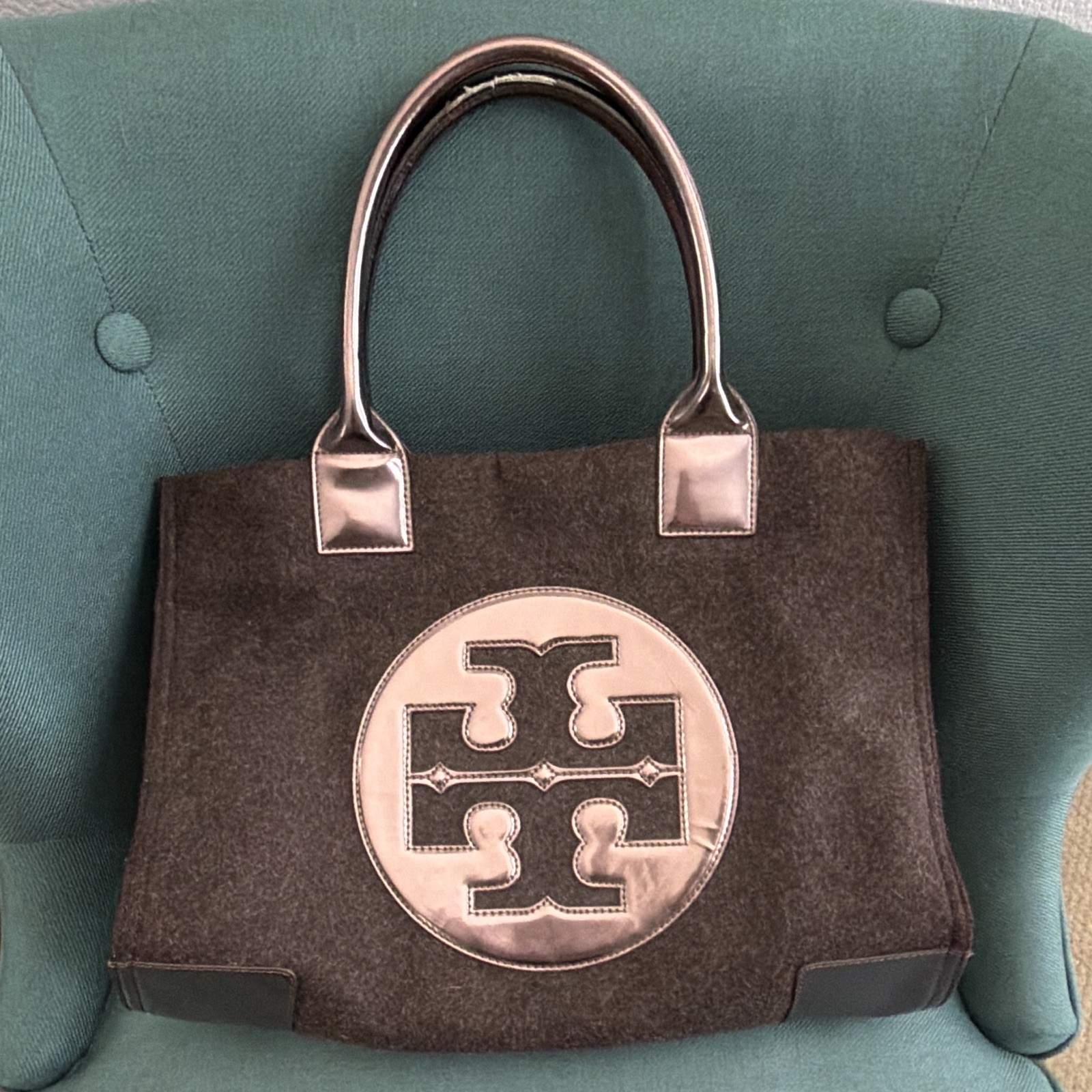Tory Burch Grey Large Ella Tote Bag Metallic Logo Bronze