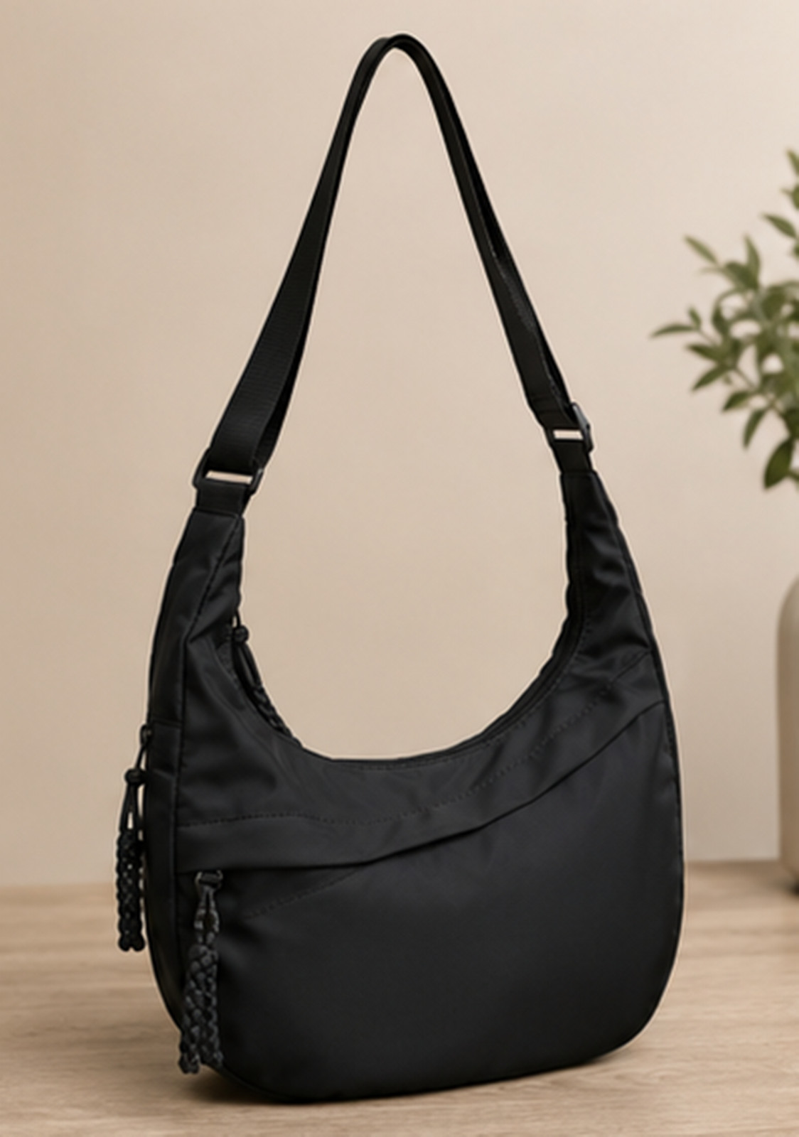 Black Minimalist Bag, Neutral Half Moon Shoulder Bag