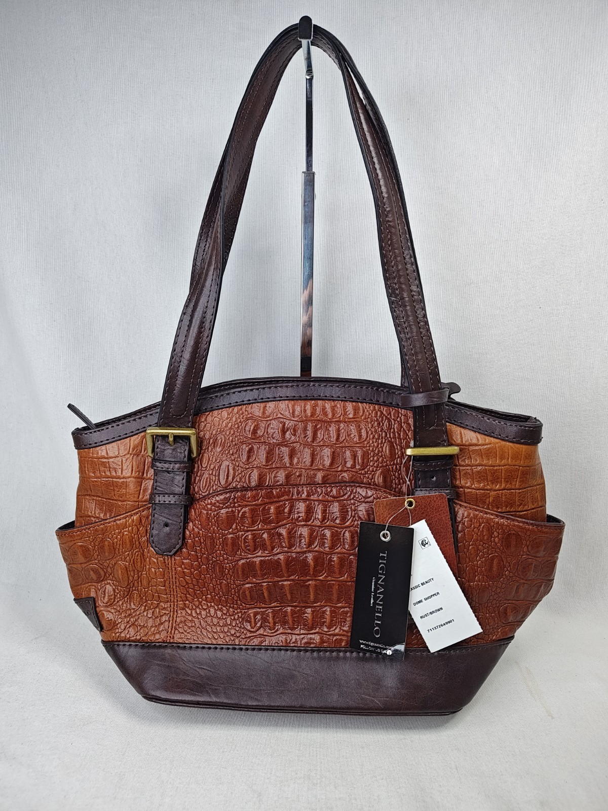 Tignanello Rust Brown Crocodile Embossed Leather Classic Beauty Dome Shopper new