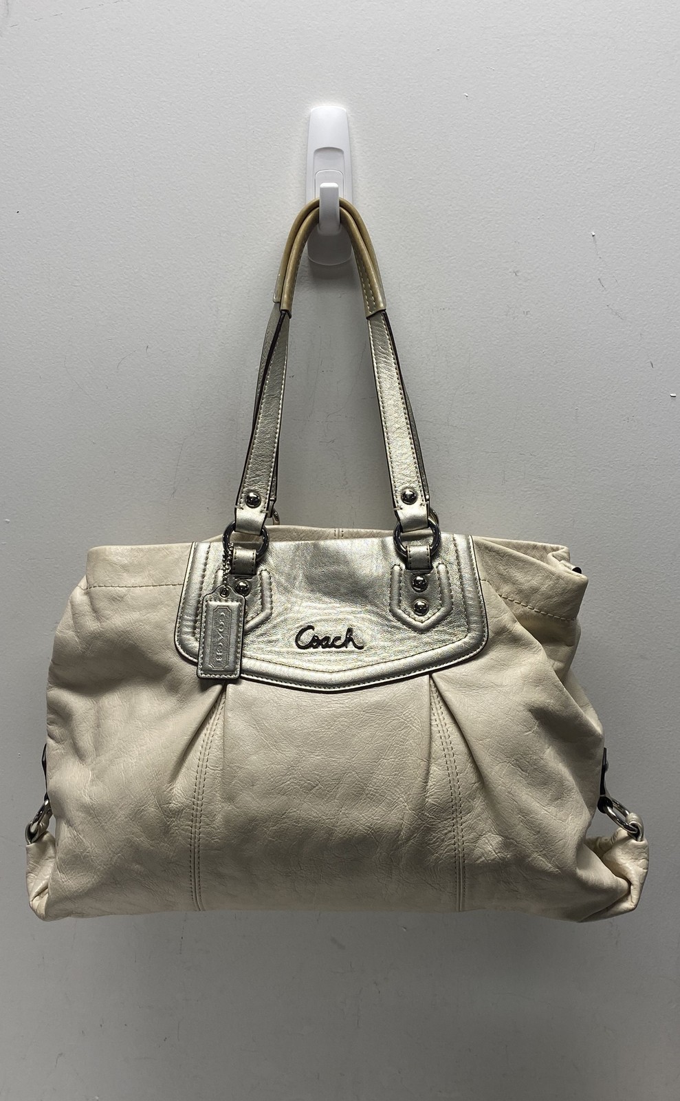 Coach Cream Metallic Gold Leather Madison Sophia Satchel Bag Pleated 2010s