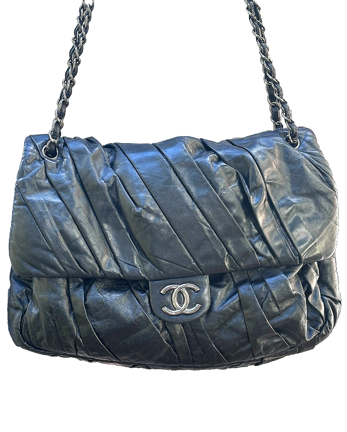 Authentic Chanel Black Glazed Calfskin Twisted Maxi Flap Bag SHW (13-series)