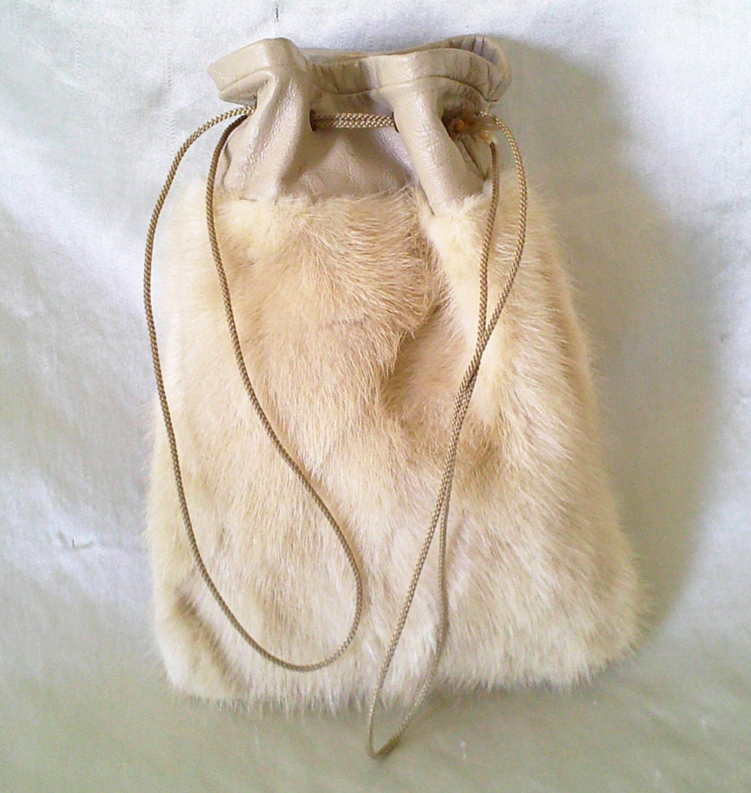 Leather & Fur Evening Hand Bag Pull Draw String Strap 9x7x1 inch, Vintage