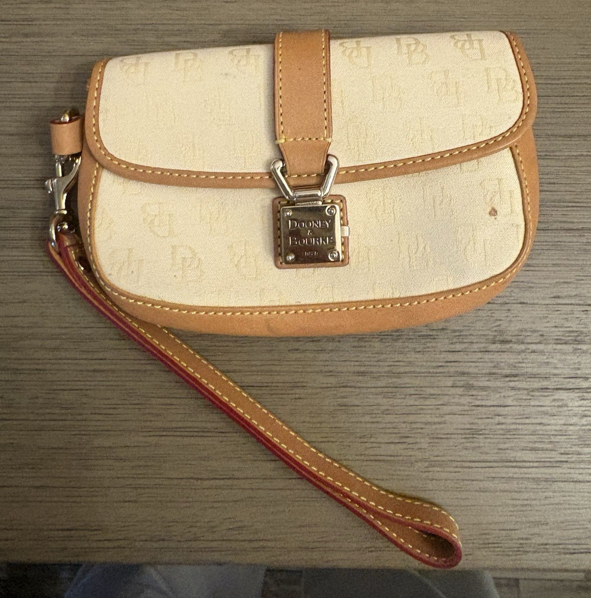 Dooney & Bourke Women’s Beige/Brown Monogram Wristlet, Snap Closure, Lined