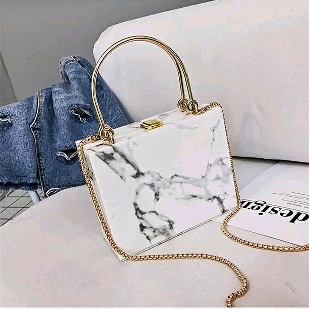 Women’s Small Marble Pattern Box Top Handle Bag Detachable Strap Gold Clasp