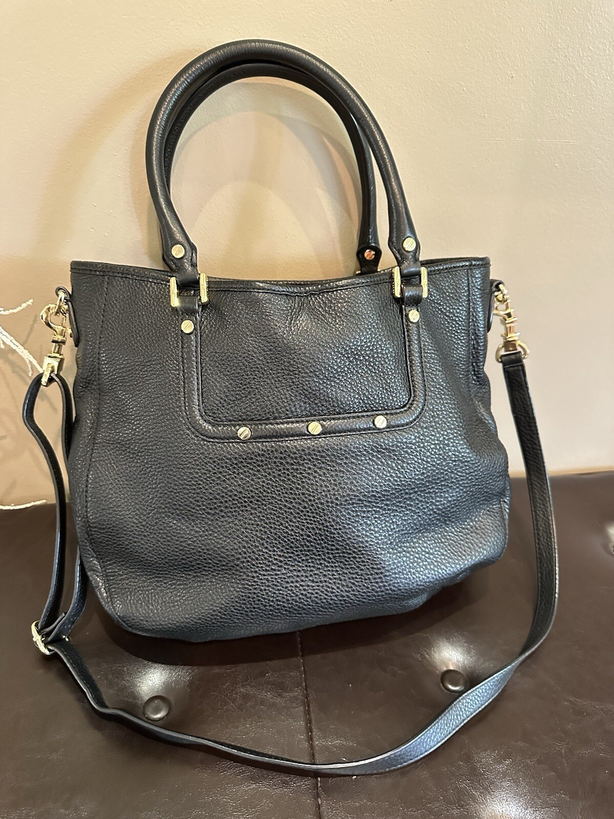 TORY BURCH AMANDA BLACK PEBBLED LEATHER CROSSBODY HOBO TOTE BAG Excellent