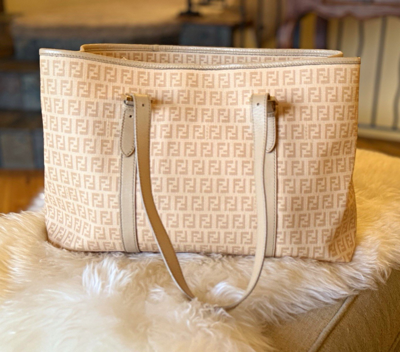 Fendi Beige Monogram Tote Zip Top Double Handles Gold Hardware Inner Pockets
