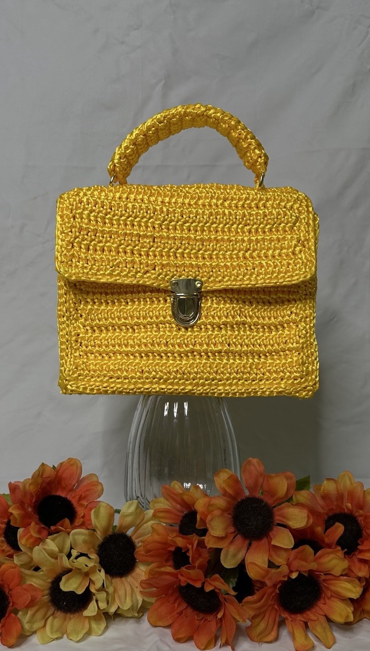 Handmade crochet yellow square Top Handle Handbag Purse, Gold Latch Closure