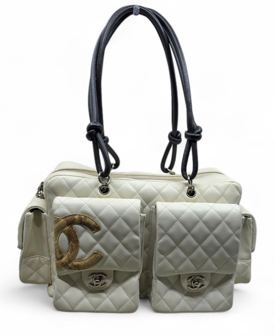 Chanel Cambon Ligne Reporter Bag Quilted White Calfskin Y2K Multi-Pocket