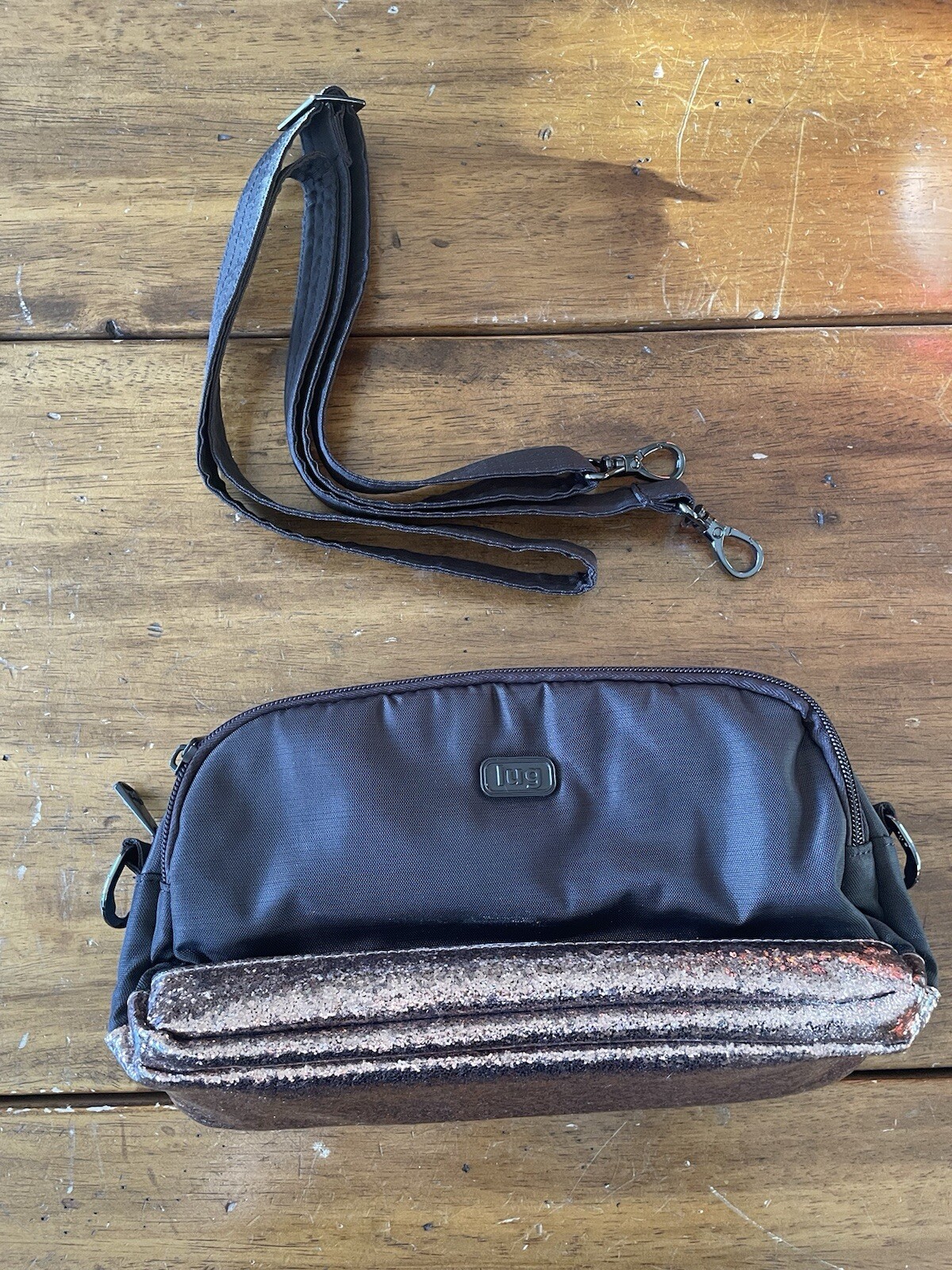 New Nwot Lug Punter Nylon Brown Rose Gold Metallic Crossbody Bag Purse