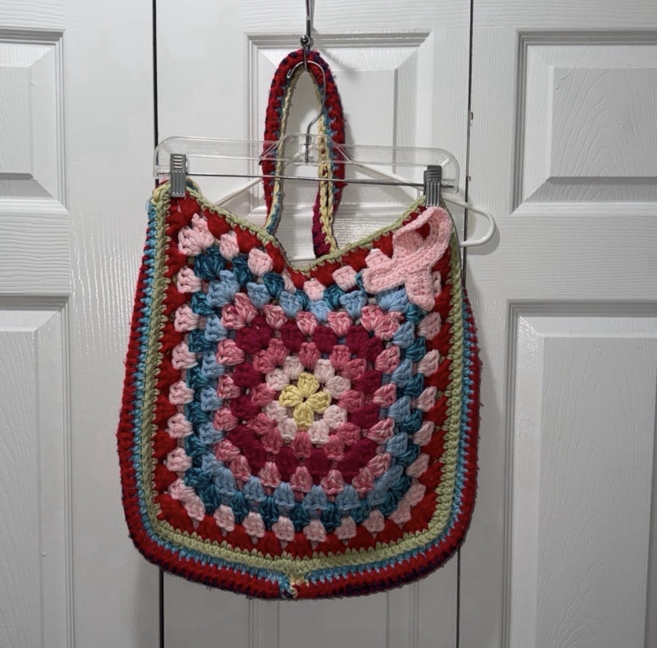 Handmade Crochet Colorful Bag with a Crochet Pink Ribbon