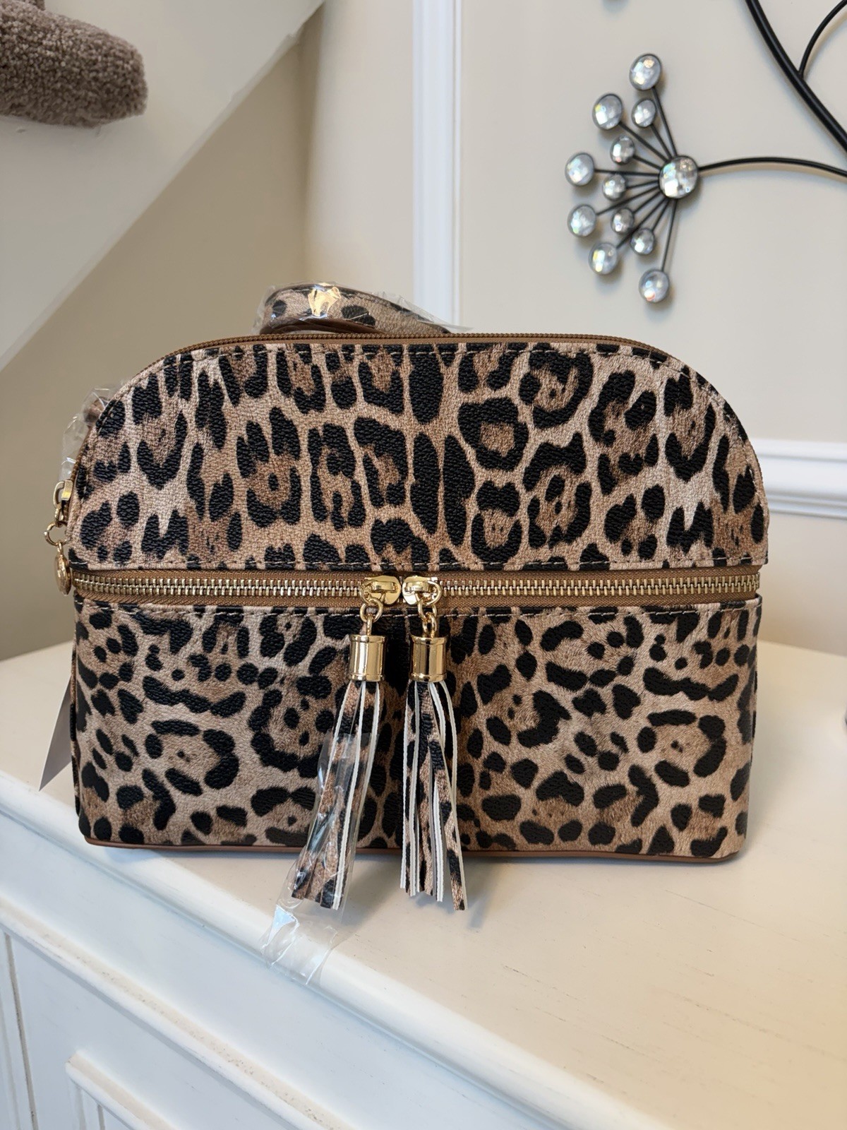 Leopard Print Zip Crossbody Bag Gold Hardware Tassel Adjustable Strap Pockets