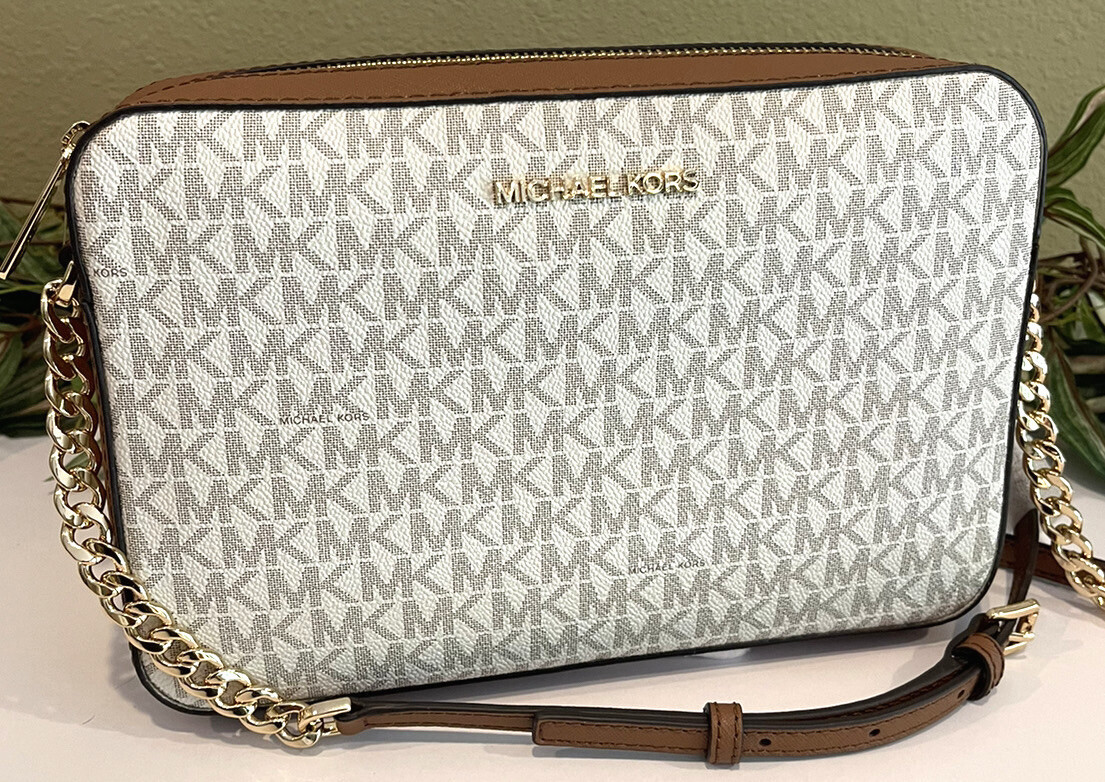 MICHAEL KORS JET SET LARGE ZIP EW CROSSBODY BAG SHOULDER VANILLA SIGNATURE LOGO